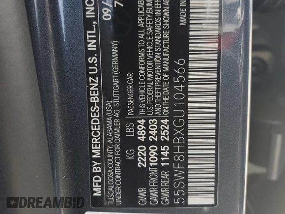 2016 Mercedes-Benz C 63 S AMG with VIN 55SWF8HBXGU104566, listed as a Copart auction lot 51460175 with 57,051 mi miles and Salvage title. Bid and sale history available at DreamBid. Image 13.