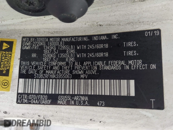 2019 Toyota Highlander LE с VIN 5TDBZRFH8KS955063, выставлен на аукционе IAAI как лот 42647865 с пробегом 63 275 миль миль и . История ставок и продаж доступна на DreamBid. Изображение 9.