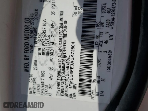 2010 Ford Explorer Eddie Bauer z VIN 1FMEU6EE3AUA72804, wystawiony jako Copart lot #61205555 z przebiegiem 177 801 mil mil oraz Szkoda całkowita • Salvage title. Historia ofert i sprzedaży dostępna na DreamBid. Obrazek 14.