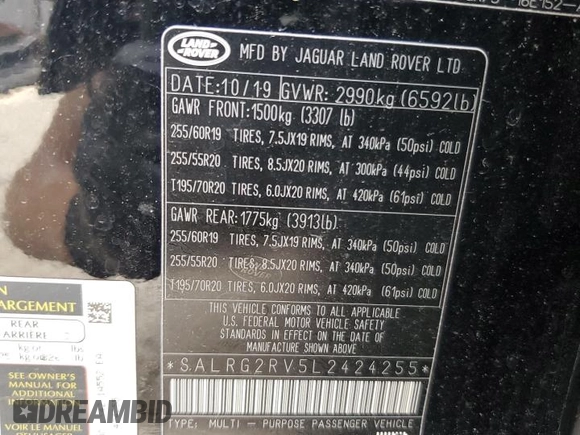 2020 Land Rover Discovery SE z VIN SALRG2RV5L2424255, wystawiony jako Copart lot #59551595 z przebiegiem 126 986 mil mil oraz Czysty tytuł • Clean title. Historia ofert i sprzedaży dostępna na DreamBid. Obrazek 13.