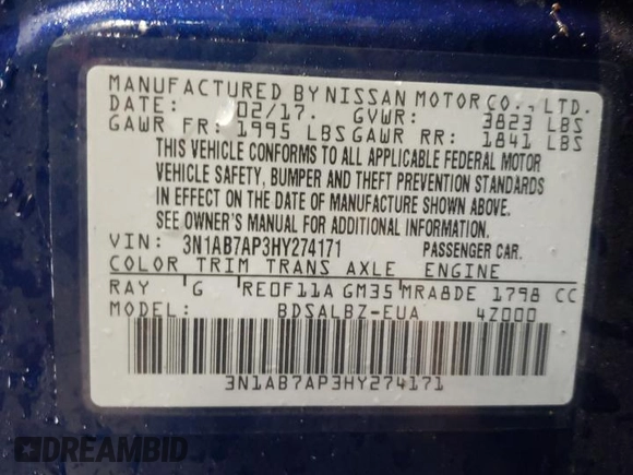 2017 Nissan Sentra SV with VIN 3N1AB7AP3HY274171, listed as a Copart auction lot 51244035 with 43,427 mi miles and Salvage Title. Bid and sale history available at carsss.com. Image 13.