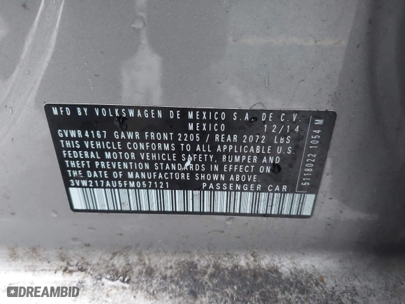 2015 Volkswagen Golf TSI SEL with VIN 3VW217AU5FM057121, listed as a IAAI auction lot 40735047 with 84,185 mi miles. Bid and sale history available at carsss.com. Image 9.