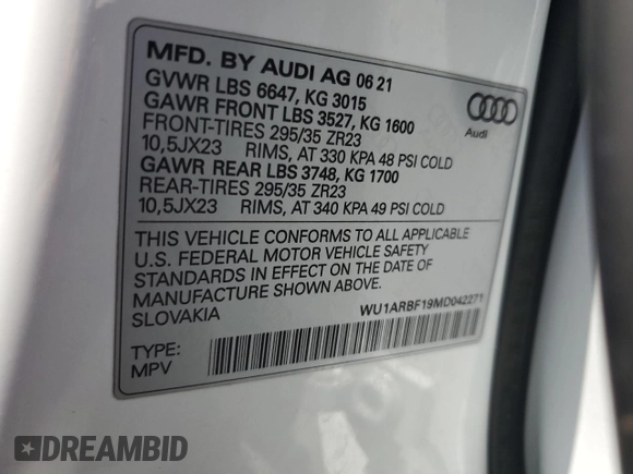 2021 Audi RS Q8 z VIN WU1ARBF19MD042271, wystawiony jako Copart lot #55304785 z przebiegiem 23 560 mil mil oraz Szkody całkowita. Historia ofert i sprzedaży dostępna na DreamBid. Obrazek 13.
