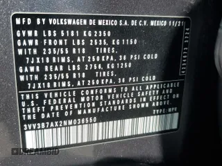 2022 Volkswagen Tiguan SE z VIN 3VV3B7AX2NM036550, wystawiony jako Copart lot #53786995 z przebiegiem 113 652 mil mil oraz Nie do naprawy • Non repairable. Historia ofert i sprzedaży dostępna na DreamBid. Obrazek 13.