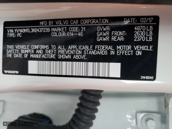 2017 Volvo S60 Dynamic with VIN YV140MTL3H2437239, listed as a Copart auction lot 47482105 with NaN miles and Salvage Title. Bid and sale history available at carsss.com. Image 13.