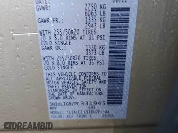 2023 Infiniti QX60 Sensory с VIN 5N1DL1GR2PC331945, выставлен на аукционе Copart как лот 73808924 с пробегом Не указан миль и На запчасти • Non repairable. История ставок и продаж доступна на DreamBid. Изображение 14.