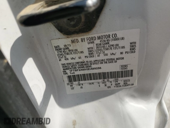 2016 Ford F-250 XL with VIN 1FTBF2A60GEA69256, listed as a Copart auction lot 60632905 with 353,190 mi miles and Salvage title. Bid and sale history available at DreamBid. Image 12.