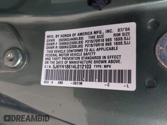 2004 Honda Element EX with VIN 5J6YH18614L012103, listed as a IAAI auction lot 41670784 with 199,341 mi miles and . Bid and sale history available at DreamBid. Image 9.