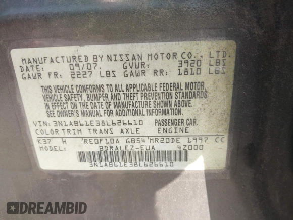 2008 Nissan Sentra S z VIN 3N1AB61E38L626610, wystawiony jako IAAI lot #42650176 z przebiegiem 184 562 mil mil oraz . Historia ofert i sprzedaży dostępna na DreamBid. Obrazek 9.