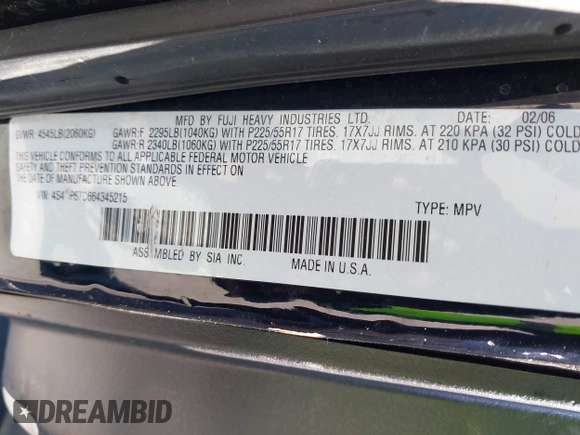 2006 Subaru Legacy Outback XT Limited with VIN 4S4BP67C664345215, listed as a IAAI auction lot 42760351 with 206,894 mi miles and . Bid and sale history available at DreamBid. Image 9.