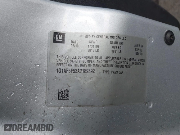 2010 Chevrolet Cobalt 2LT with VIN 1G1AF5F53A7189392, listed as a IAAI auction lot 41585291 with 156,800 mi miles and . Bid and sale history available at DreamBid. Image 9.