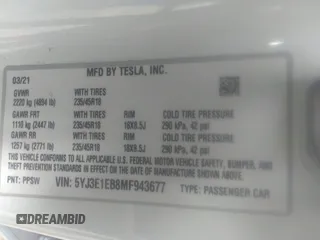 2021 Tesla Model 3 Long Range with VIN 5YJ3E1EB8MF943677, listed as a IAAI auction lot 36373517 with 23,726 mi miles and . Bid and sale history available at DreamBid. Image 9.
