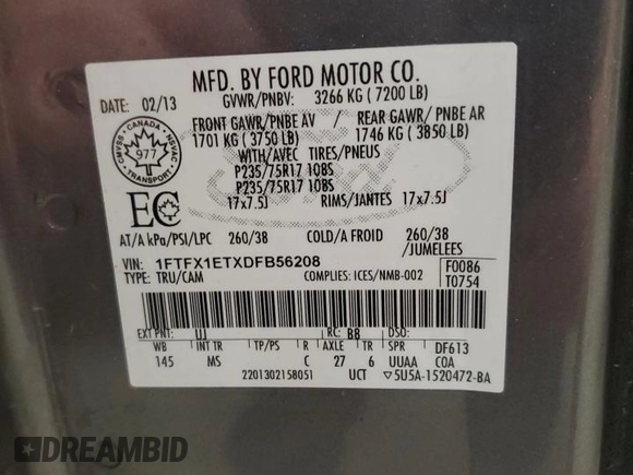 2013 Ford F-150 XL with VIN 1FTFX1ETXDFB56208, listed as a Copart auction lot 64496435 with 74,875 mi miles and Salvage title. Bid and sale history available at DreamBid. Image 12.