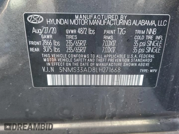 2020 Hyundai Santa Fe SEL w/SULEV with VIN 5NMS33AD8LH271668, listed as a Copart auction lot 43781575 with 73,530 mi miles and Salvage Title. Bid and sale history available at carsss.com. Image 16.