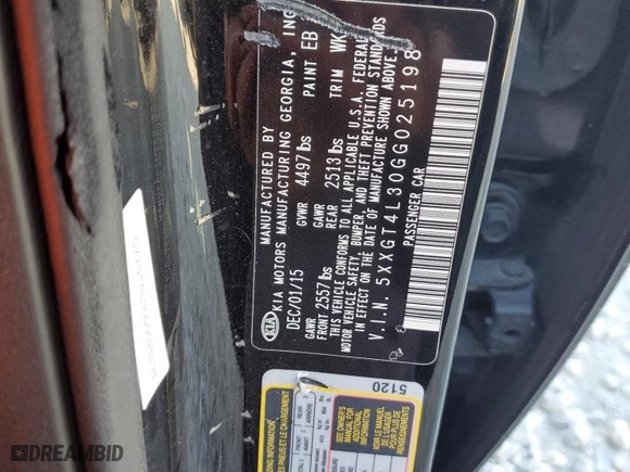 2016 Kia Optima LX with VIN 5XXGT4L30GG025198, listed as a Copart auction lot 52321105 with 150,788 mi miles and Salvage Title. Bid and sale history available at carsss.com. Image 14.