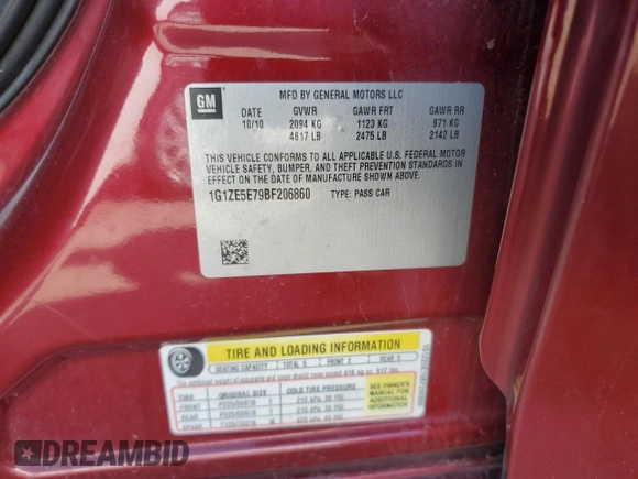 2011 Chevrolet Malibu LTZ with VIN 1G1ZE5E79BF206860, listed as a Copart auction lot 48797055 with 220,059 mi miles and Salvage Title. Bid and sale history available at DreamBid. Image 12.