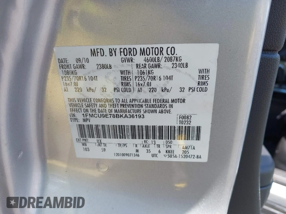 2011 Ford Escape Limited с VIN 1FMCU9E78BKA36193, выставлен на аукционе IAAI как лот 42609040 с пробегом 175 439 миль миль и . История ставок и продаж доступна на DreamBid. Изображение 9.