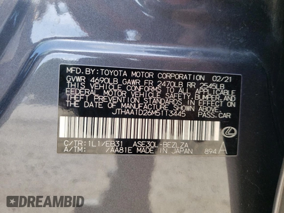 2021 Lexus IS 300 с VIN JTHAA1D26M5113445, выставлен на аукционе Copart как лот 60996665 с пробегом 58 708 миль миль и Списание • Salvage title. История ставок и продаж доступна на DreamBid. Изображение 13.
