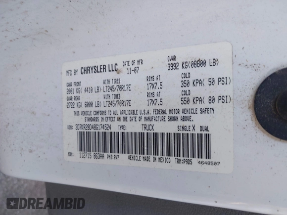 2008 Dodge 2500 ST with VIN 3D7KR28D48G174524, listed as a IAAI auction lot 41657251 with Not Provided miles and . Bid and sale history available at DreamBid. Image 9.