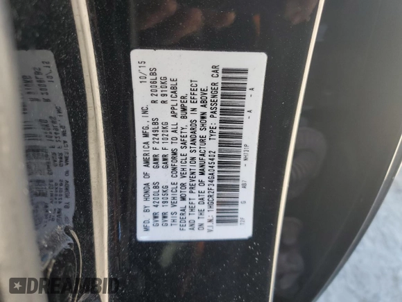 2016 Honda Accord LX with VIN 1HGCR2F34GA045402, listed as a Copart auction lot 48741335 with Not Provided miles and Salvage Title. Bid and sale history available at DreamBid. Image 14.