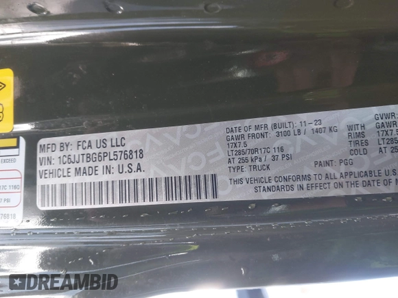 2023 Jeep Gladiator Rubicon with VIN 1C6JJTBG6PL576818, listed as a IAAI auction lot 41515428 with 10,271 mi miles and . Bid and sale history available at DreamBid. Image 9.