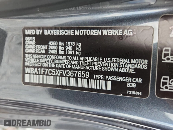 2015 BMW 2 Series 228i xDrive with VIN WBA1F7C5XFV367659, listed as a Copart auction lot 58855145 with 50,848 mi miles and Salvage title. Bid and sale history available at DreamBid. Image 12.