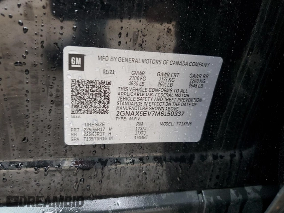 2021 Chevrolet Equinox LS with VIN 2GNAX5EV7M6150337, listed as a Copart auction lot 57789575 with 79,739 mi miles and Salvage title. Bid and sale history available at DreamBid. Image 13.