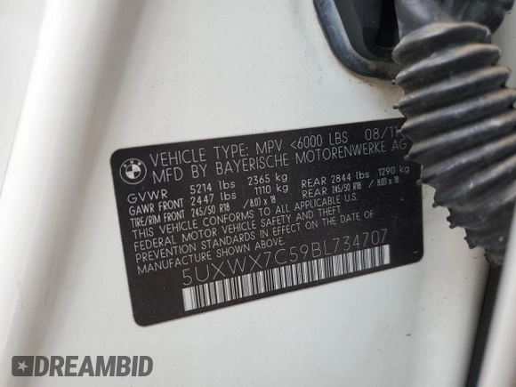 2011 BMW X3 35i with VIN 5UXWX7C59BL734707, listed as a Copart auction lot 44758405 with 139,092 mi miles and Salvage Title. Bid and sale history available at DreamBid. Image 13.