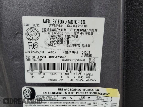 2013 Ford F-150 XL with VIN 1FTFW1ET8DFA75940, listed as a Copart auction lot 46534825 with 148,096 mi miles and Salvage Title. Bid and sale history available at carsss.com. Image 12.