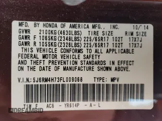 2015 Honda CR-V EX-L with VIN 5J6RM4H73FL009068, listed as a Copart auction lot 52908695 with 78,084 mi miles and Salvage Title. Bid and sale history available at carsss.com. Image 14.