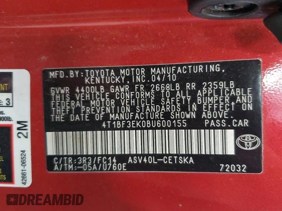 2011 Toyota Camry LE with VIN 4T1BF3EK0BU600155, listed as a Copart auction lot 54496025 with 188,041 mi miles and Salvage Title. Bid and sale history available at carsss.com. Image 12.