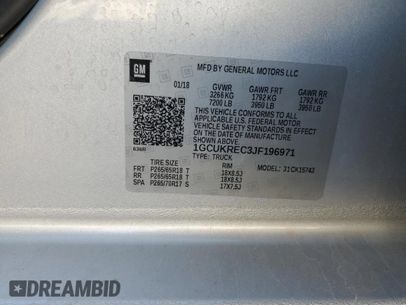 2018 Chevrolet Silverado 1500 LT with VIN 1GCUKREC3JF196971, listed as a Copart auction lot 49260235 with Not Provided miles and Salvage Title. Bid and sale history available at DreamBid. Image 12.