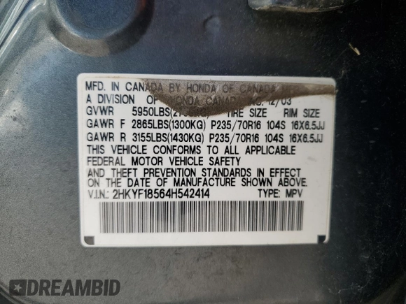 2004 Honda Pilot EX with VIN 2HKYF18564H542414, listed as a Copart auction lot 50727645 with 173,868 mi miles and Salvage Title. Bid and sale history available at DreamBid. Image 13.