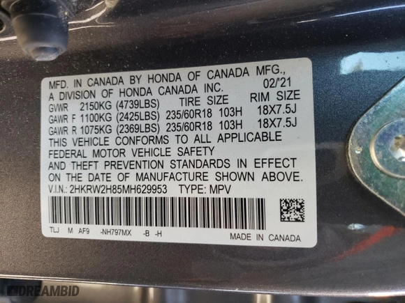 2021 Honda CR-V EX-L with VIN 2HKRW2H85MH629953, listed as a Copart auction lot 87697685 with 79,676 mi miles and Salvage Title. Bid and sale history available at carsss.com. Image 14.