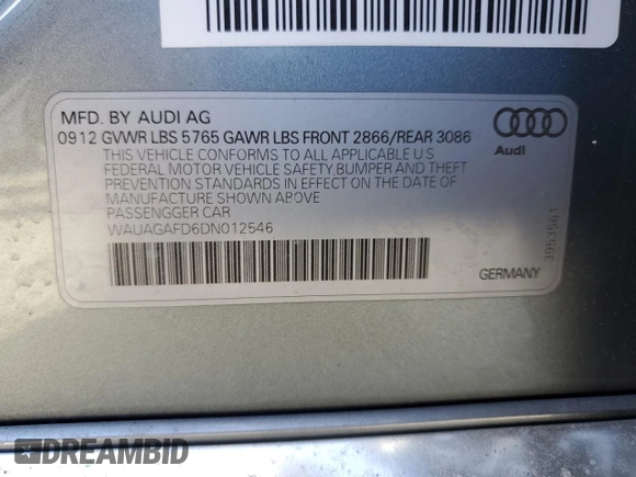 2013 Audi A8 3.0L with VIN WAUAGAFD6DN012546, listed as a Copart auction lot 82210024 with 121,004 mi miles and Clean title. Bid and sale history available at DreamBid. Image 13.