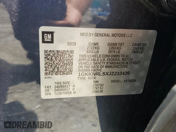 2018 GMC Acadia SLE with VIN 1GKKNRLSXJZ210439, listed as a Copart auction lot 56489784 with 54,567 mi miles and Salvage title. Bid and sale history available at DreamBid. Image 13.