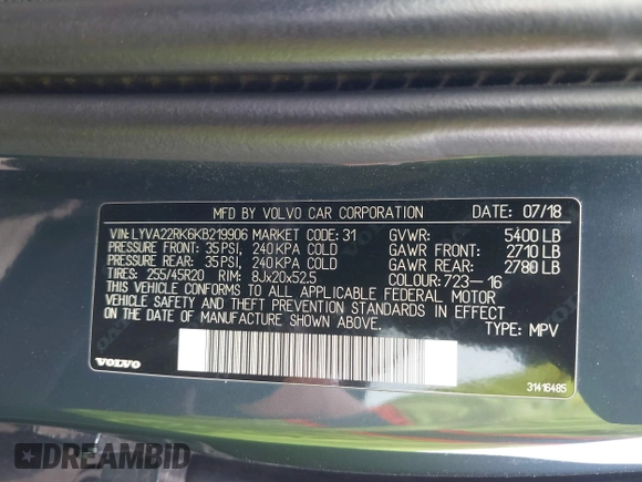 2019 Volvo XC60 Momentum с VIN LYVA22RK6KB219906, выставлен на аукционе IAAI как лот 42484901 с пробегом 80 109 миль миль и . История ставок и продаж доступна на DreamBid. Изображение 9.
