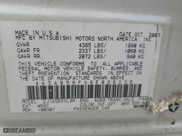 2008 Mitsubishi Galant ES with VIN 4A3AB56FX8E026236, listed as a Copart auction lot 74482434 with 150,975 mi miles and Salvage Title. Bid and sale history available at carsss.com. Image 13.