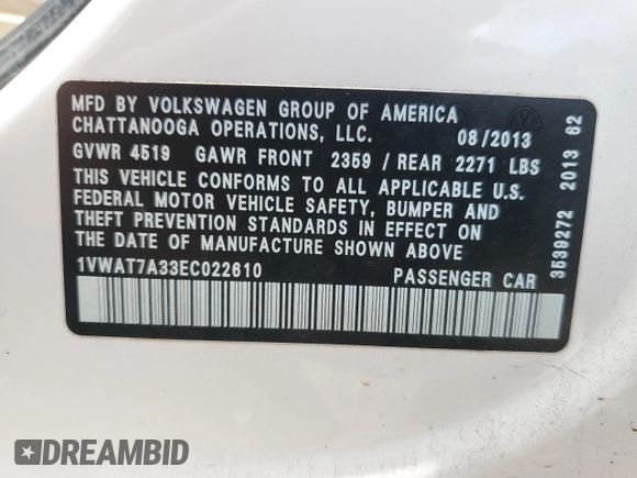 2014 Volkswagen Passat Wolfsburg Edition z VIN 1VWAT7A33EC022610, wystawiony jako Copart lot #51135715 z przebiegiem 94 537 mil mil oraz Czysty tytuł • Clean title. Historia ofert i sprzedaży dostępna na DreamBid. Obrazek 12.