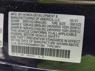 2021 Honda Pilot Touring 8-Passenger z VIN 5FNYF6H94MB091384, wystawiony jako IAAI lot #41567070 z przebiegiem 78 330 mil mil oraz . Historia ofert i sprzedaży dostępna na DreamBid. Obrazek 9.