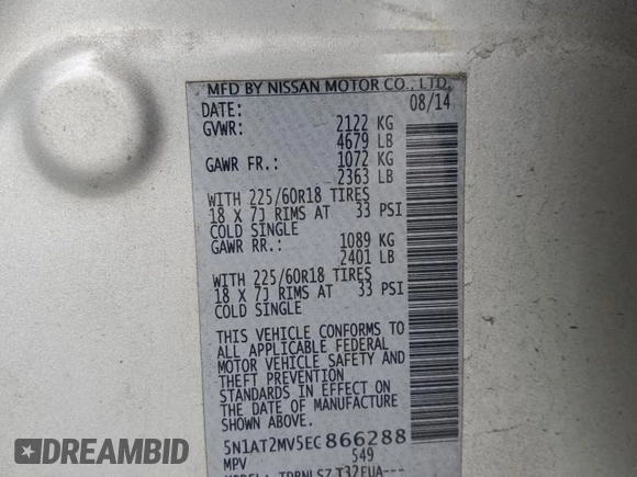 2014 Nissan Rogue SL with VIN 5N1AT2MV5EC866288, listed as a Copart auction lot 53343395 with 321,313 mi miles and Clean Title. Bid and sale history available at carsss.com. Image 13.