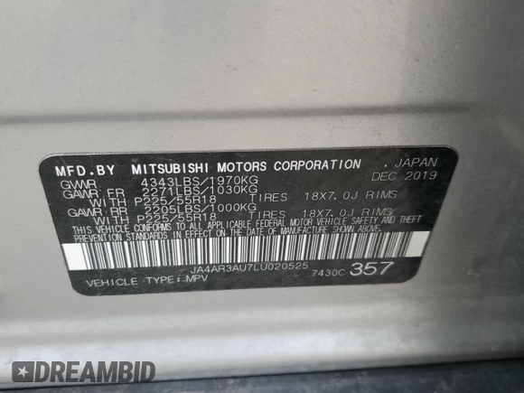 2020 Mitsubishi Outlander Sport ES 2.0 with VIN JA4AR3AU7LU020525, listed as a Copart auction lot 49379014 with 62,384 mi miles and Salvage Title. Bid and sale history available at carsss.com. Image 13.