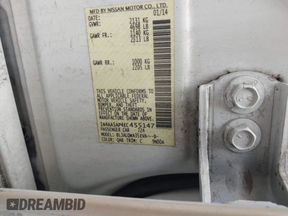 2014 Nissan Maxima S with VIN 1N4AA5AP4EC455147, listed as a IAAI auction lot 41816044 with 180,674 mi miles and . Bid and sale history available at DreamBid. Image 9.