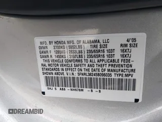 2005 Honda Odyssey LX with VIN 5FNRL38245B096035, listed as a IAAI auction lot 41998823 with 209,177 mi miles. Bid and sale history available at carsss.com. Image 9.