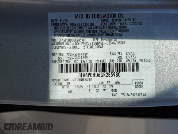 2016 Ford Fusion SE с VIN 3FA6P0HD6GR285980, выставлен на аукционе Copart как лот 65902995 с пробегом 124 210 миль миль и Чистый • Clean title. История ставок и продаж доступна на DreamBid. Изображение 12.