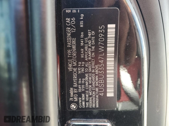 2007 BMW Z4 3.0i с VIN 4USBU33547LW70935, выставлен на аукционе Copart как лот 57492265 с пробегом 85 440 миль миль и Списание • Salvage title. История ставок и продаж доступна на DreamBid. Изображение 13.