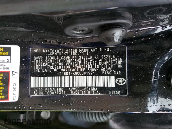 2012 Toyota Camry XLE z VIN 4T1BD1FK8CU001921, wystawiony jako Copart lot #57861715 z przebiegiem Nie podano mil oraz Szkoda całkowita • Salvage title. Historia ofert i sprzedaży dostępna na DreamBid. Obrazek 13.
