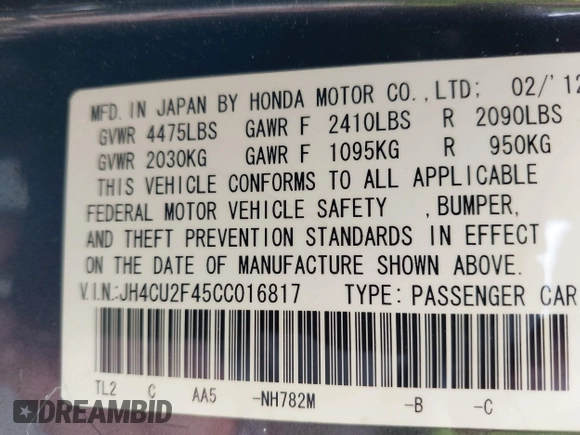 2012 Acura TSX with VIN JH4CU2F45CC016817, listed as a IAAI auction lot 42104700 with 148,617 mi miles. Bid and sale history available at carsss.com. Image 9.