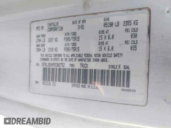 1991 Dodge Dakota S z VIN 1B7GL26XXMS302752, wystawiony jako IAAI lot #42060308 z przebiegiem 158 000 mil mil oraz . Historia ofert i sprzedaży dostępna na DreamBid. Obrazek 9.