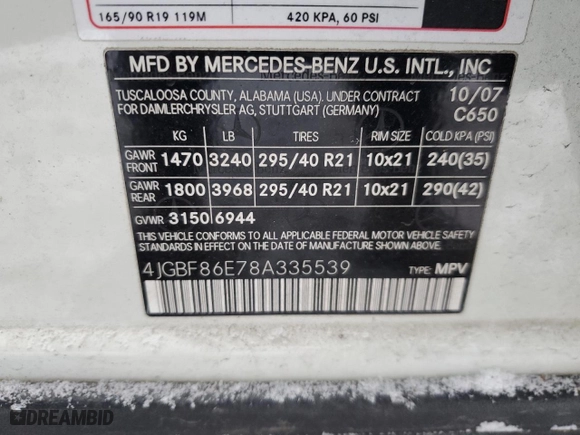2008 Mercedes-Benz GL-Class 5.5L with VIN 4JGBF86E78A335539, listed as a Copart auction lot 46166555 with 184,228 mi miles and Salvage Title. Bid and sale history available at carsss.com. Image 14.
